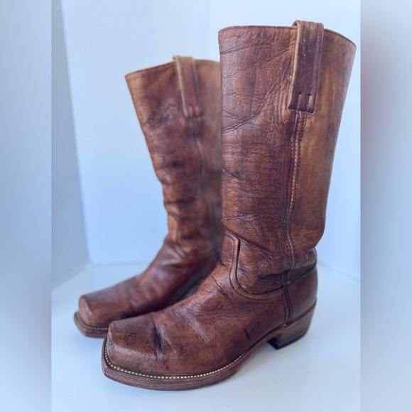 Vintage 70s FRYE Brown Leather Square Toe Campus Boots Black Label Made in USA 9 - Picture 2 of 14